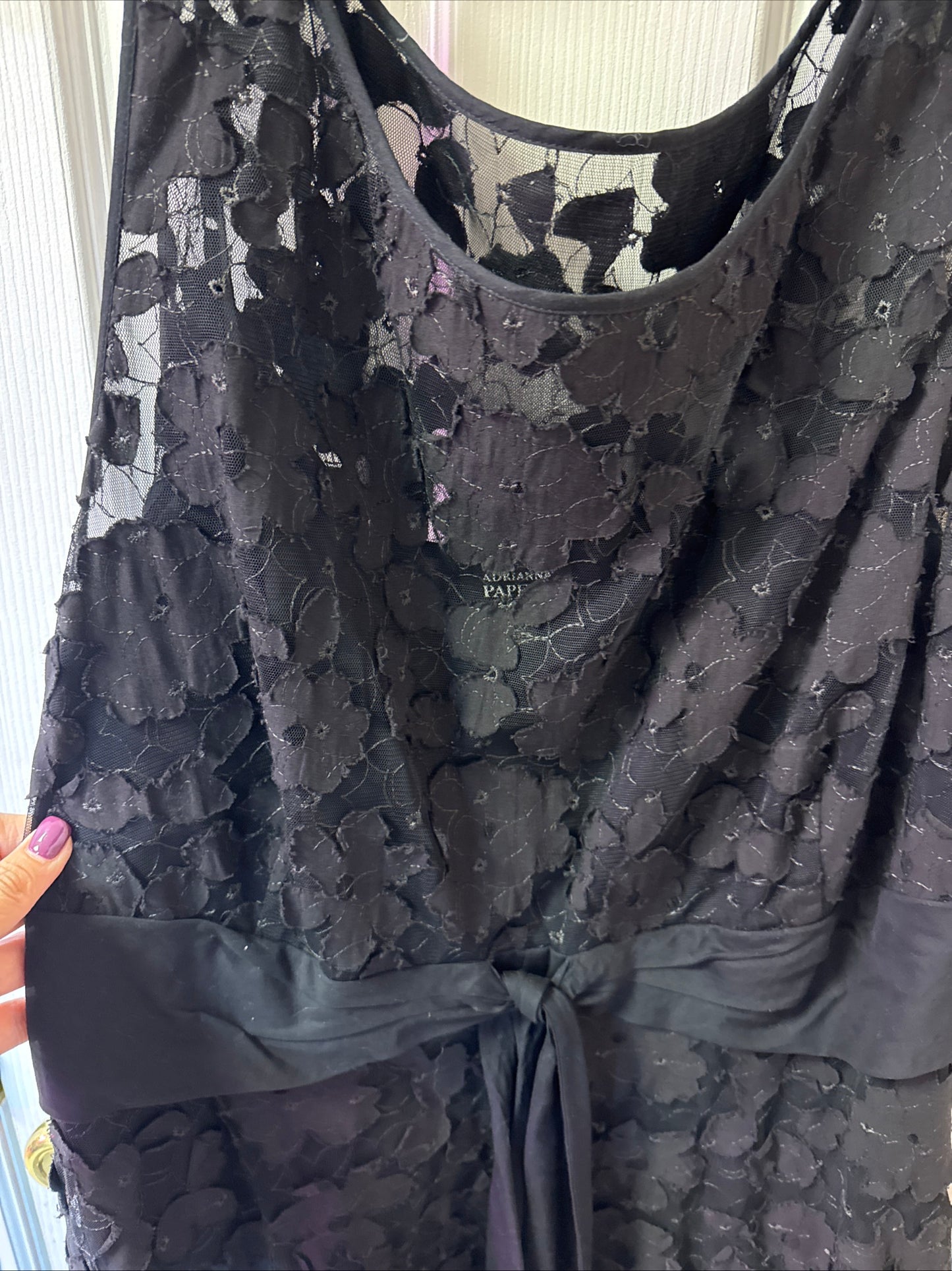Adrianna Papell A-line Sleeveless Black Mesh Floral Dress W/ Tie Waist- Size 22w