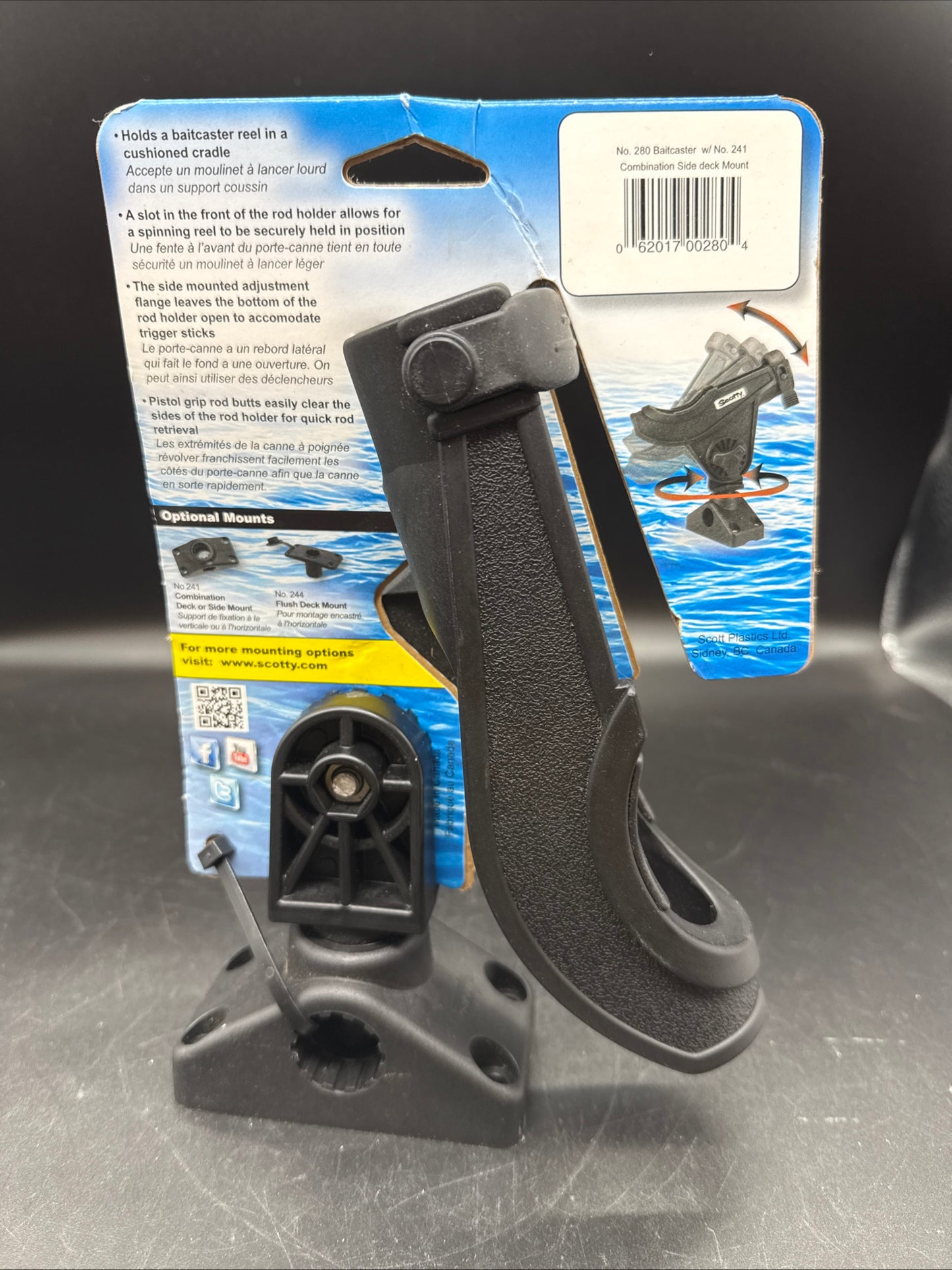 Scotty 280 Bait Caster/Spinning Rod Holder w/241 Deck/Side Mount - Black [280-BK