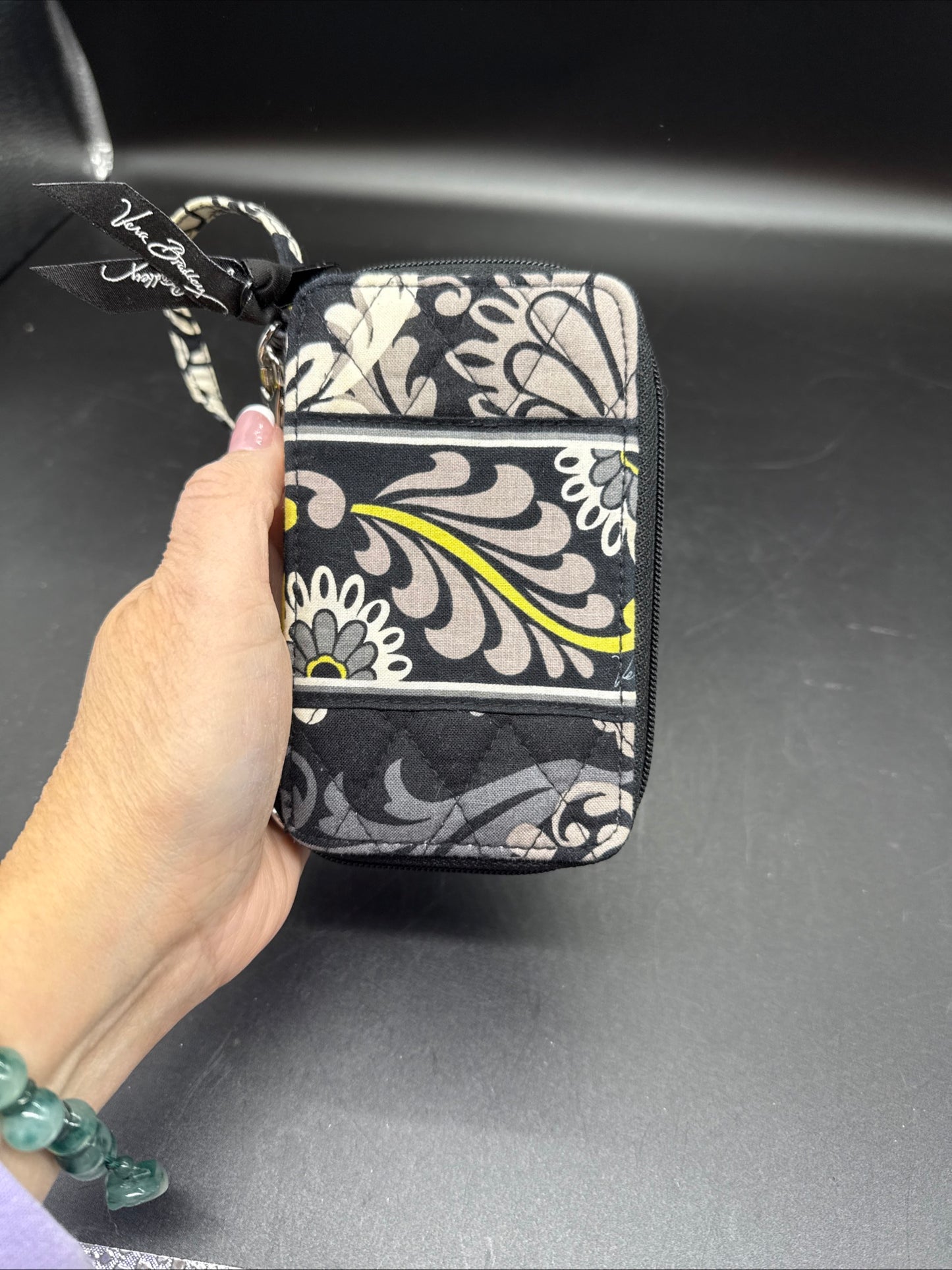 Vera Bradley Baroque Black Gray Retired Pattern Coin ID Purse Wristlet Strap NWOT