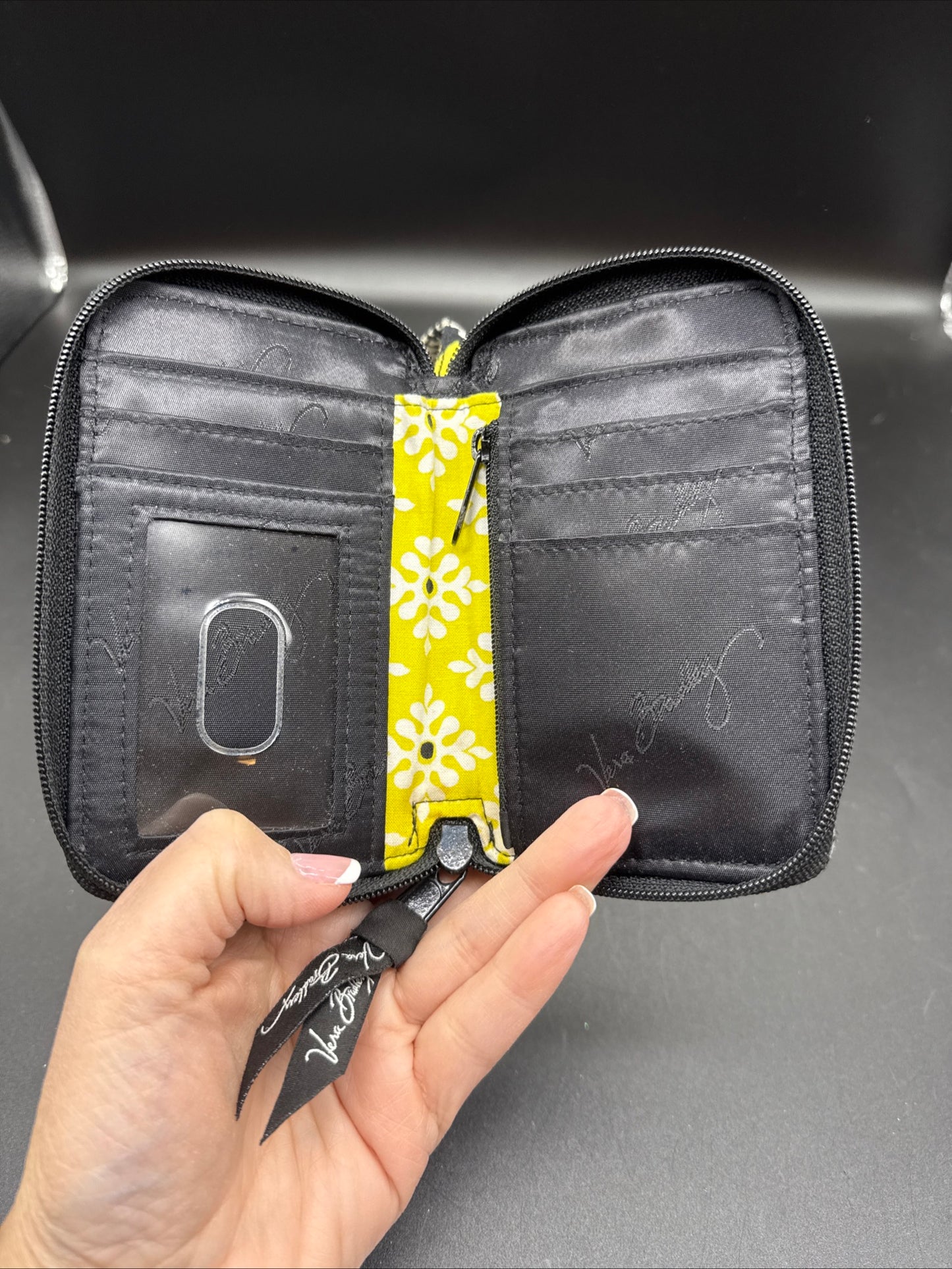 Vera Bradley Baroque Black Gray Retired Pattern Coin ID Purse Wristlet Strap NWOT