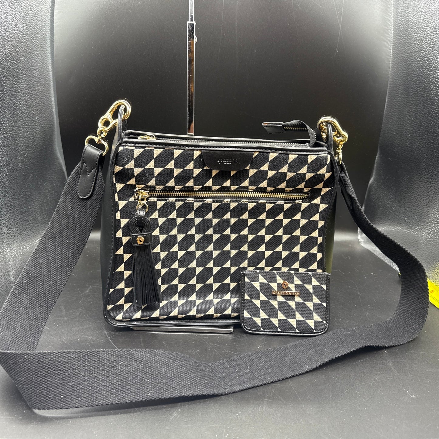 Spartina 449 Black/Ivory Geometric Pattern Linen &Leather Crossbody with card holder