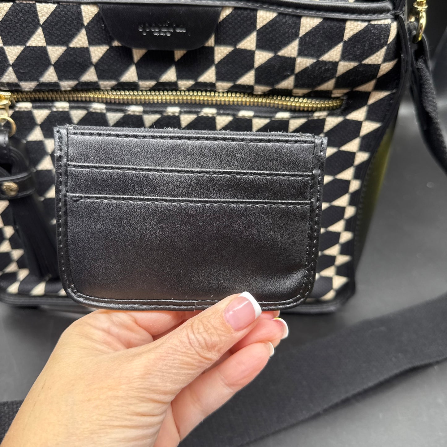 Spartina 449 Black/Ivory Geometric Pattern Linen &Leather Crossbody with card holder