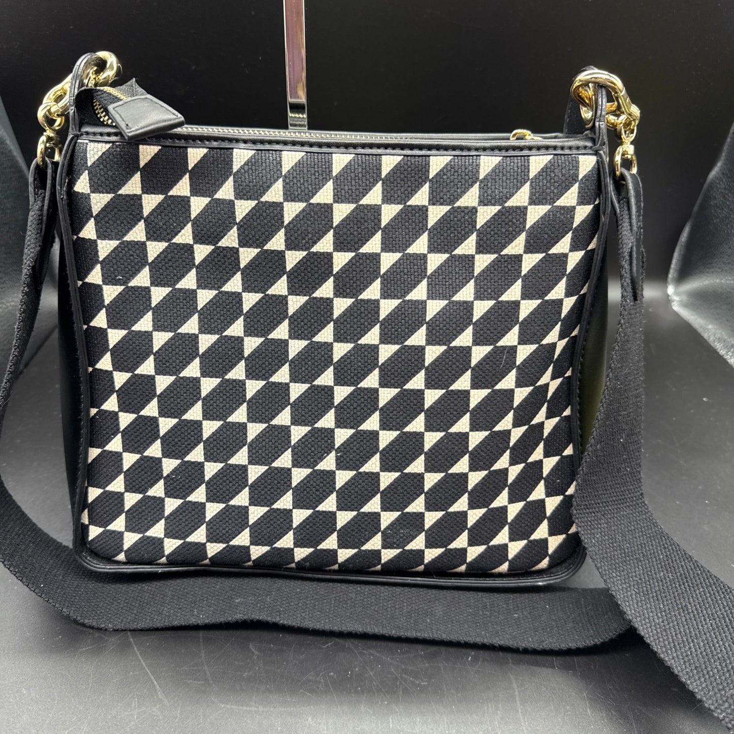 Spartina 449 Black/Ivory Geometric Pattern Linen &Leather Crossbody with card holder