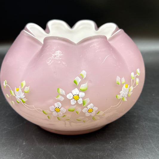 VTG Lavender Pink Cased Art Glass Rose Bowl Vase Hand Painted Signed Floral 4"