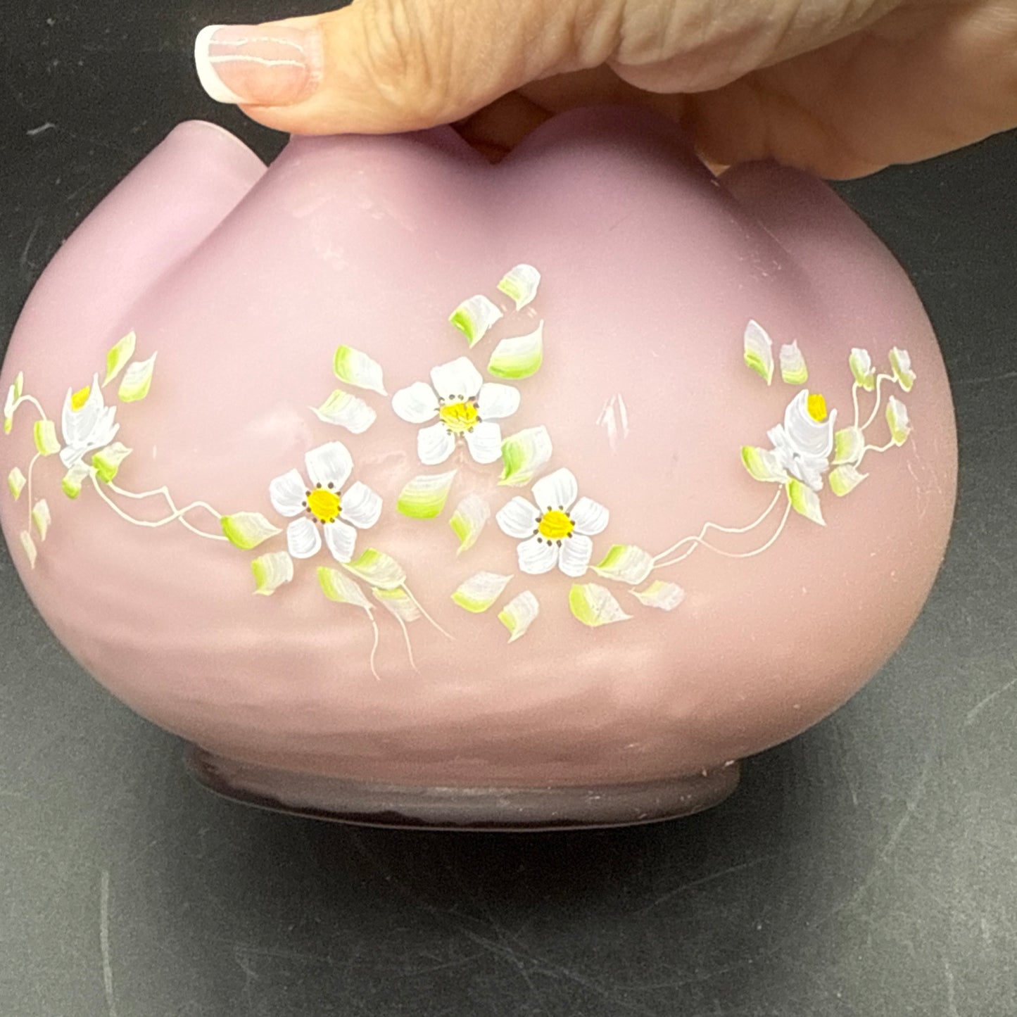 VTG Lavender Pink Cased Art Glass Rose Bowl Vase Hand Painted Signed Floral 4"