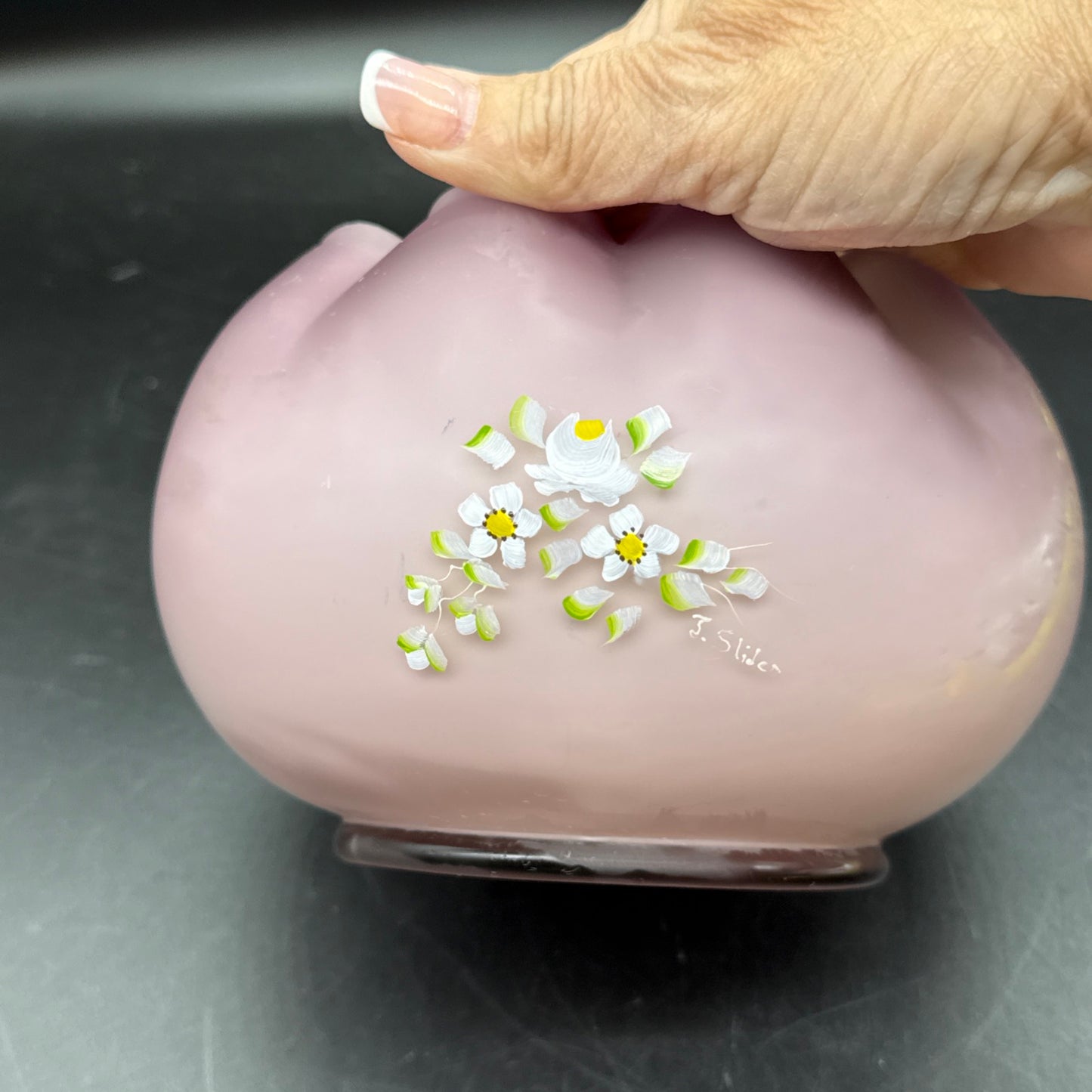 VTG Lavender Pink Cased Art Glass Rose Bowl Vase Hand Painted Signed Floral 4"