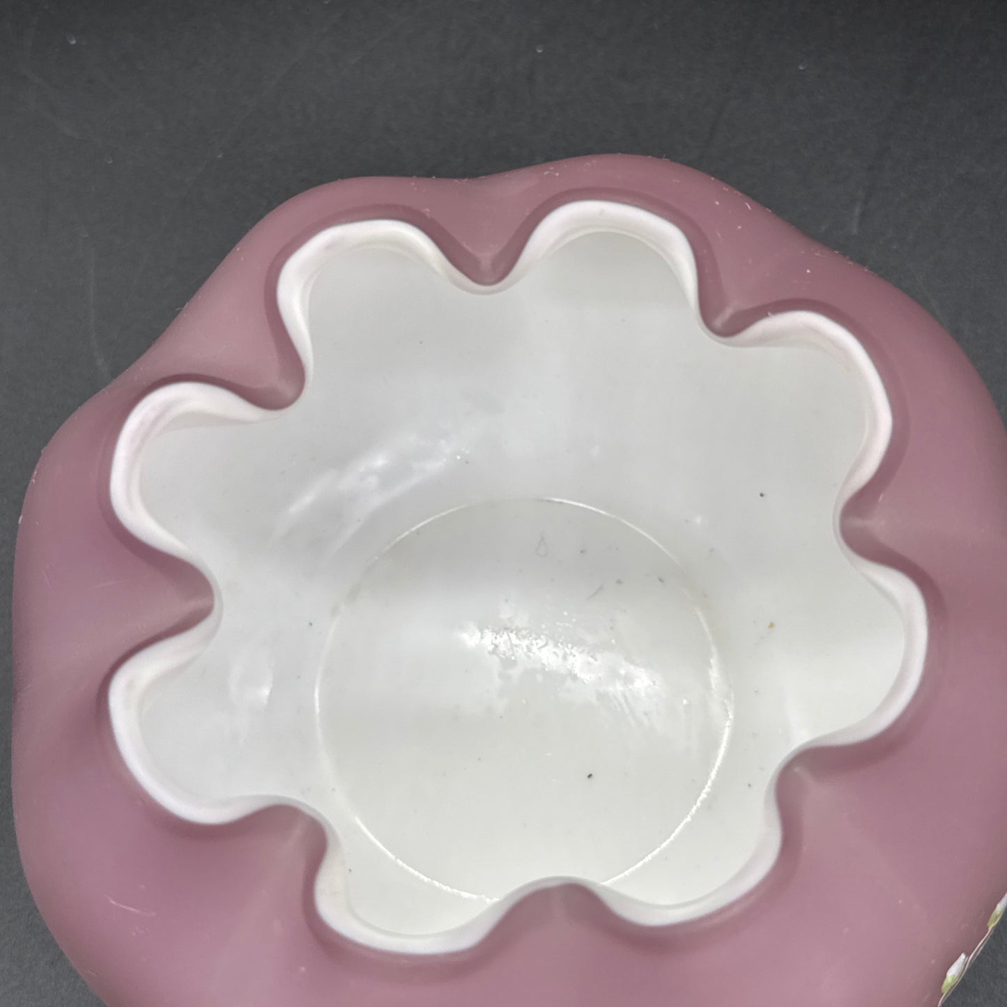 VTG Lavender Pink Cased Art Glass Rose Bowl Vase Hand Painted Signed Floral 4"