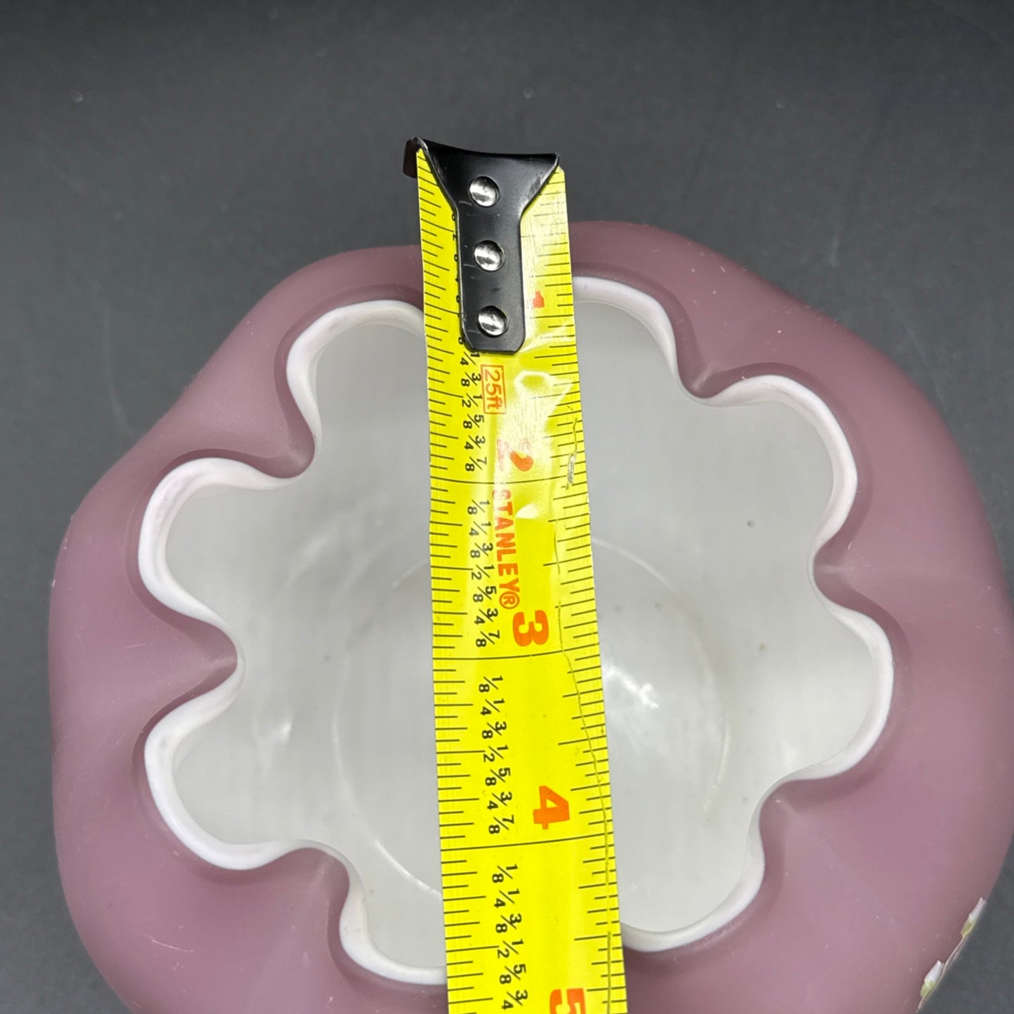 VTG Lavender Pink Cased Art Glass Rose Bowl Vase Hand Painted Signed Floral 4"
