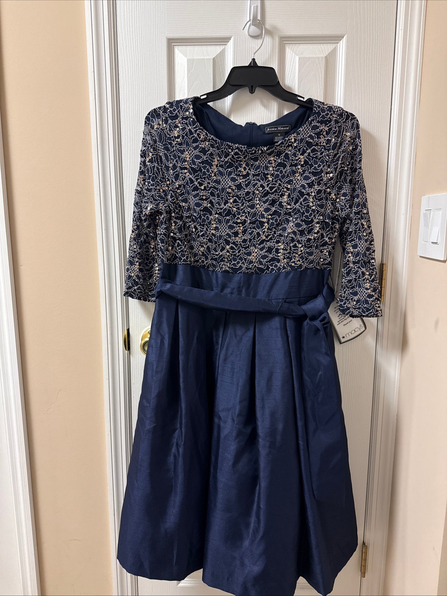 NWT Jessica Howard Formal Cocktail Dress Navy Blue Chiffon Sequence Missy 16