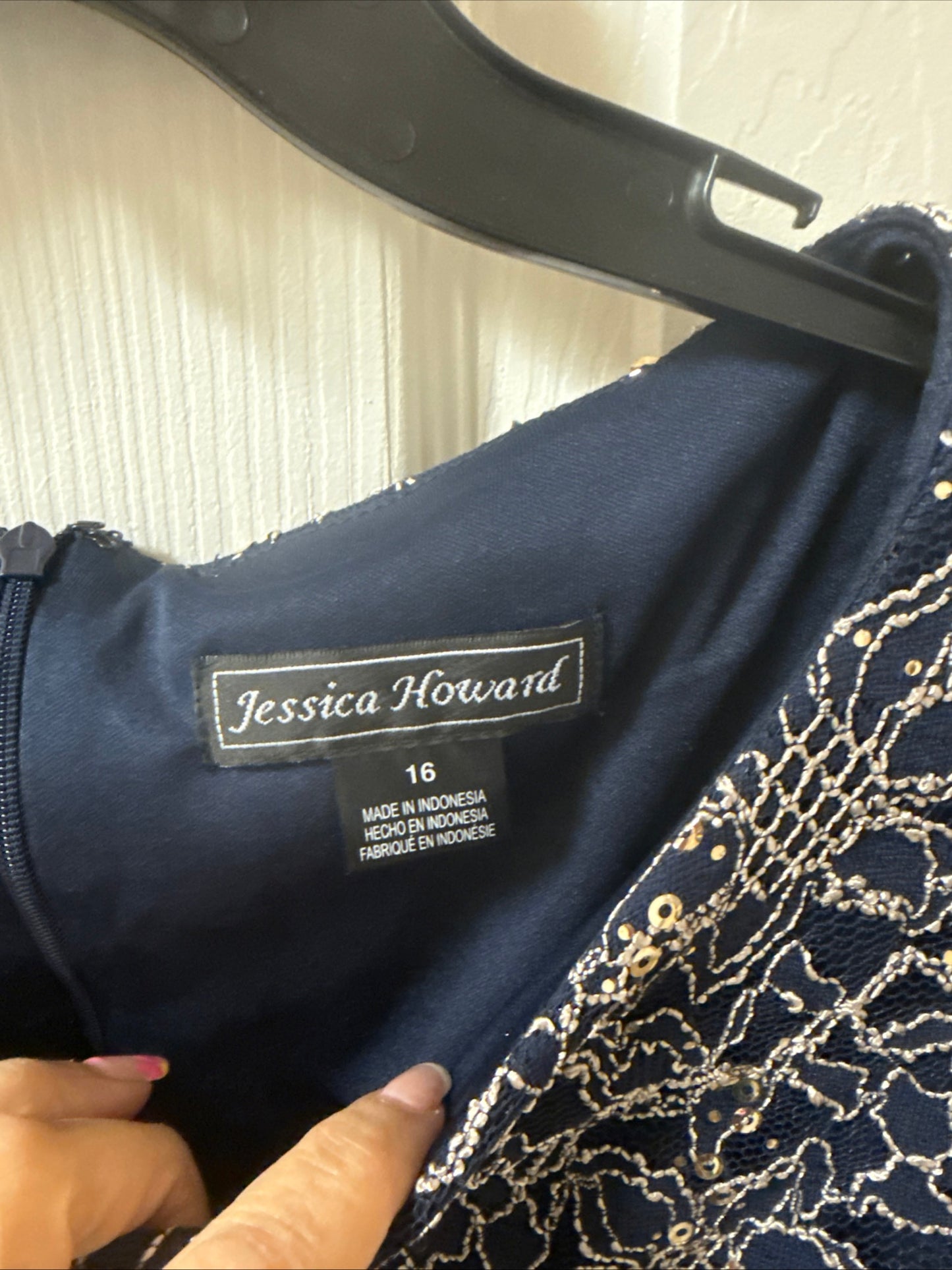 NWT Jessica Howard Formal Cocktail Dress Navy Blue Chiffon Sequence Missy 16