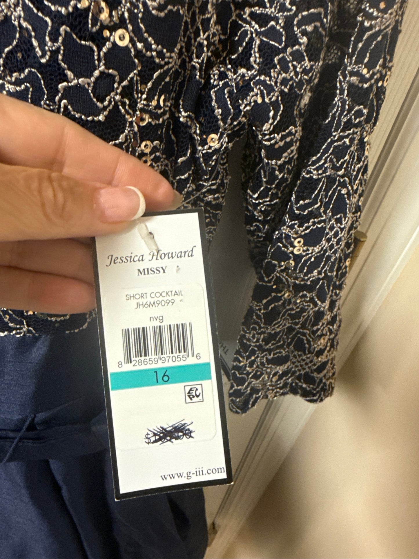 NWT Jessica Howard Formal Cocktail Dress Navy Blue Chiffon Sequence Missy 16
