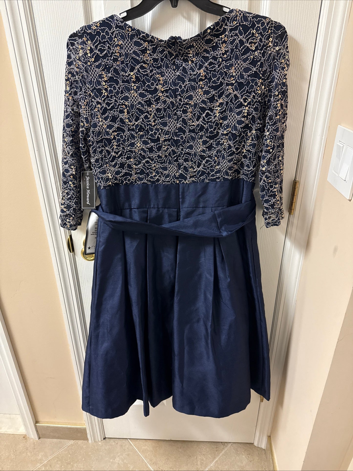 NWT Jessica Howard Formal Cocktail Dress Navy Blue Chiffon Sequence Missy 16