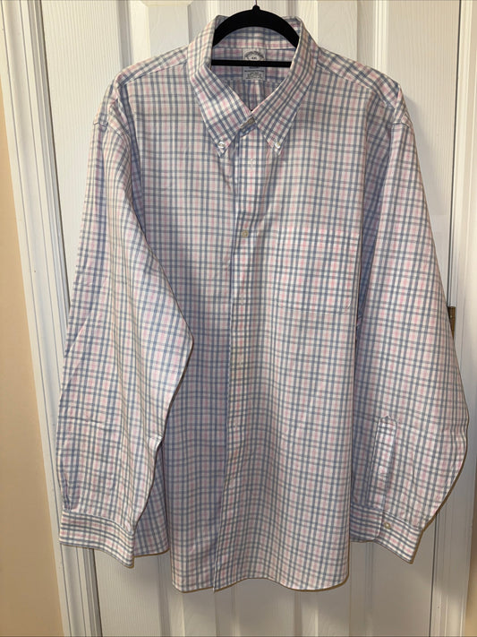 Brooks Brothers Shirt Men's XXL Pink Blue Plaid Regent Fit Button Down
