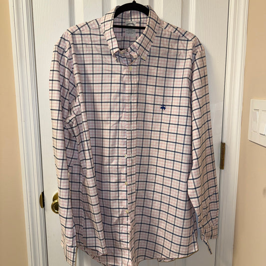 Brooks Brothers Shirt Men's Large Pink Blue Plaid Regent Fit Button Down