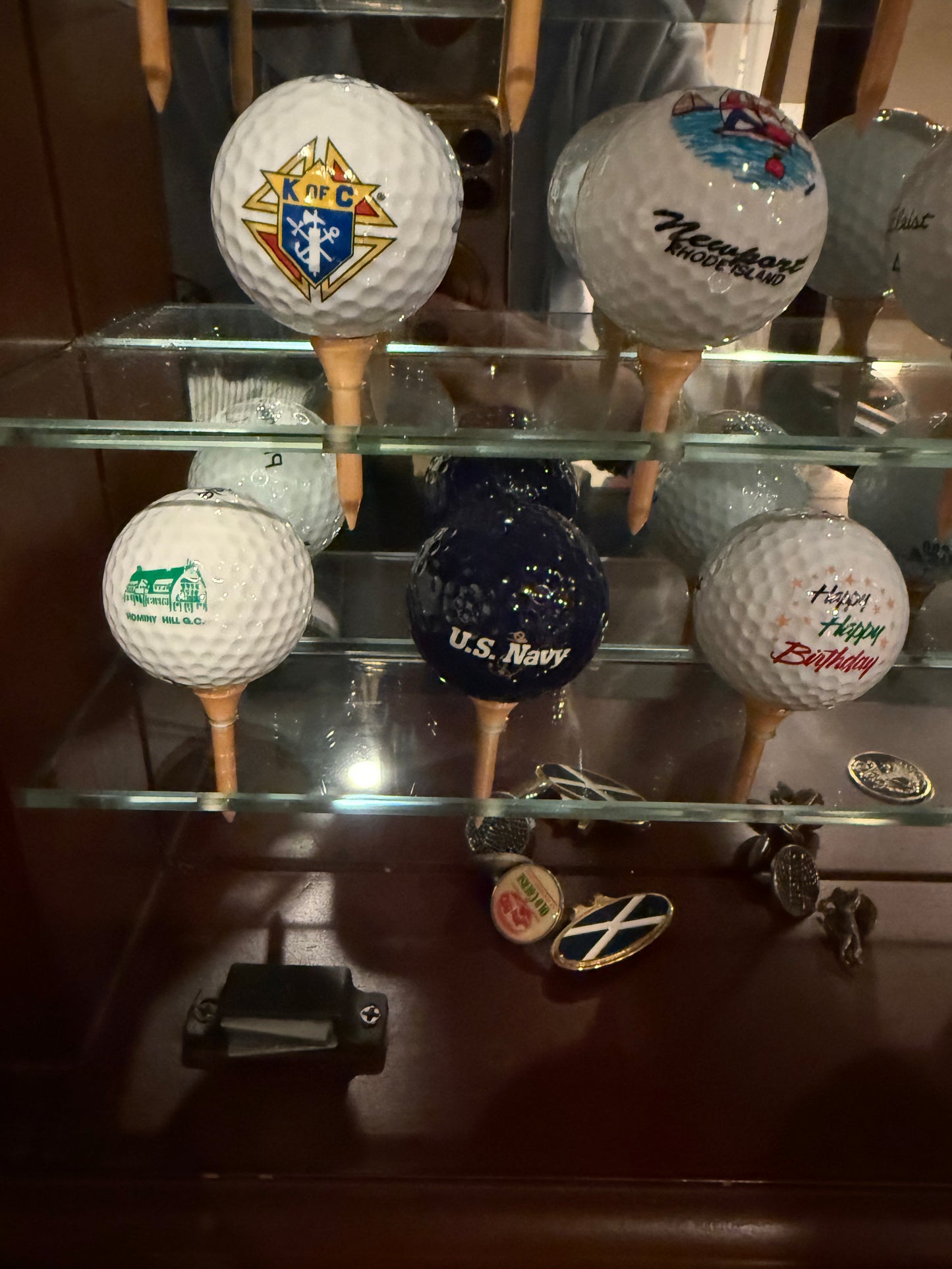 Wooden Old World Golf Club Display Case Cabinet With 22 Open Golf Balls And Pins