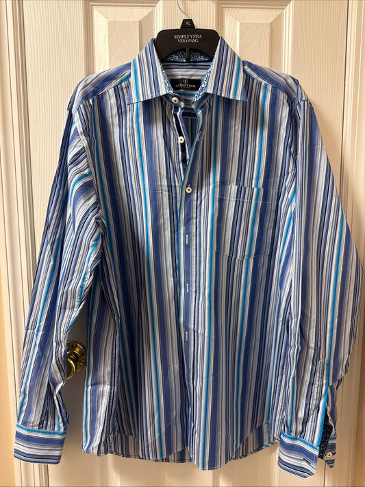 Bugatchi Uomo Dress Shirt Mens Large Classic Fit Striped Flip Cuff Preppy Club