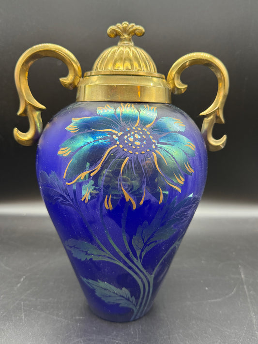 Fenton-VTG-Art glass and gilt metal mounted covered urn vase by Martha Reynolds