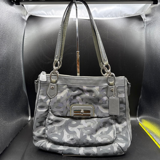 Vtg Coach Sig Kristin Silver Metalic Zip Expandable Bag F1182 18286