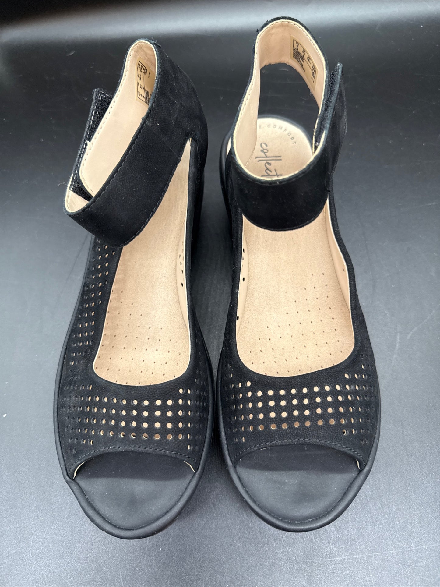 Clarks COMFORTABLE Smooth Suede Black Ankle Strap Wedge Platform 8.5 Womens