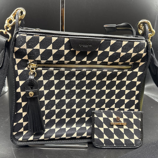 Spartina 449 Black/Ivory Geometric Pattern Linen &Leather Crossbody with card holder