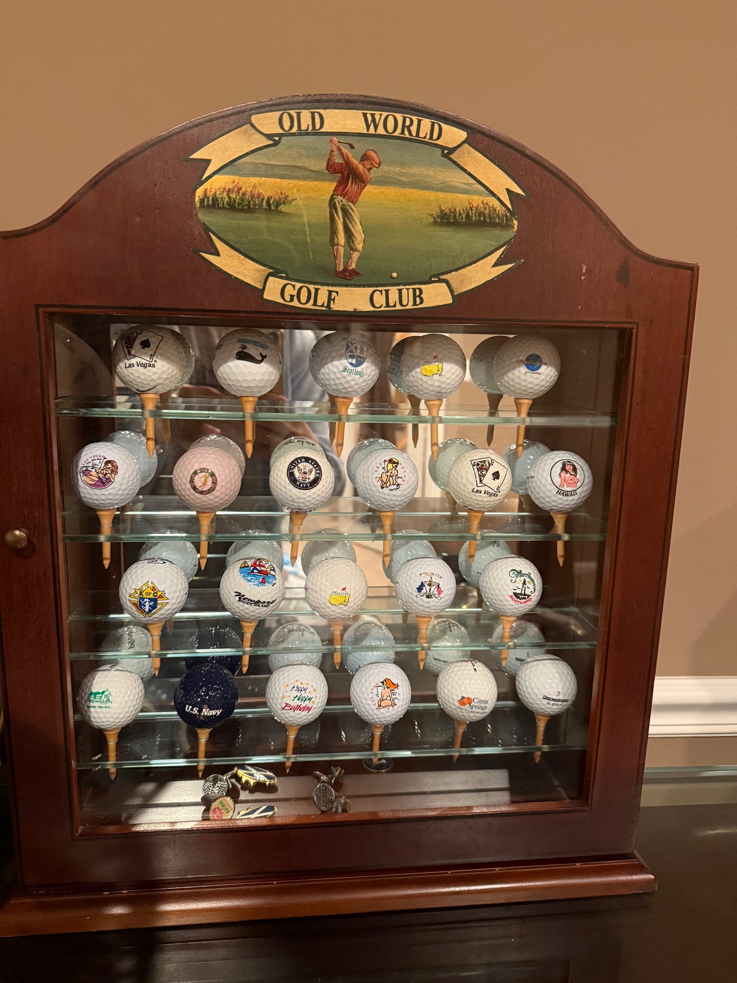 Wooden Old World Golf Club Display Case Cabinet With 22 Open Golf Balls And Pins