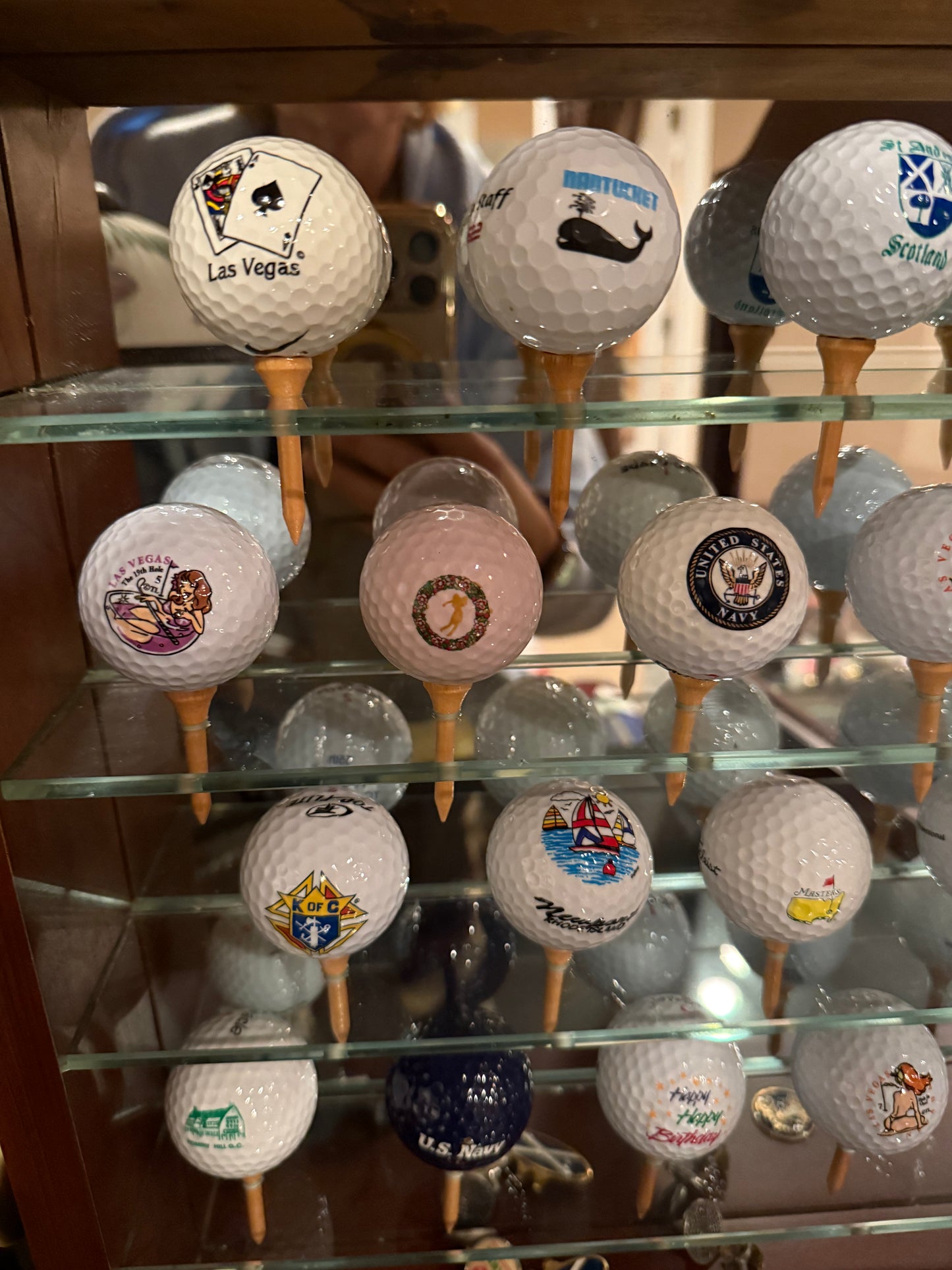 Wooden Old World Golf Club Display Case Cabinet With 22 Open Golf Balls And Pins