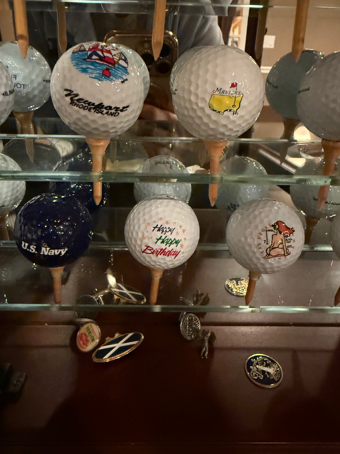 Wooden Old World Golf Club Display Case Cabinet With 22 Open Golf Balls And Pins