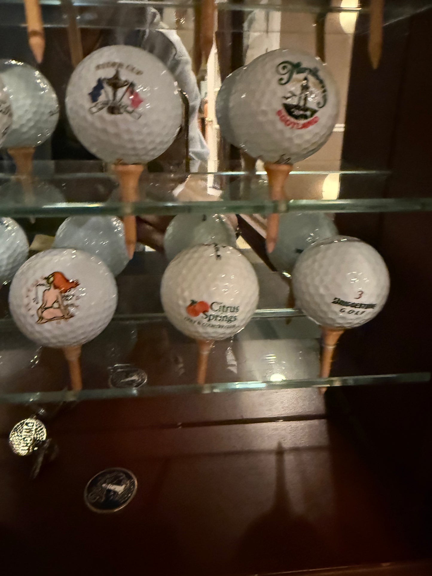 Wooden Old World Golf Club Display Case Cabinet With 22 Open Golf Balls And Pins