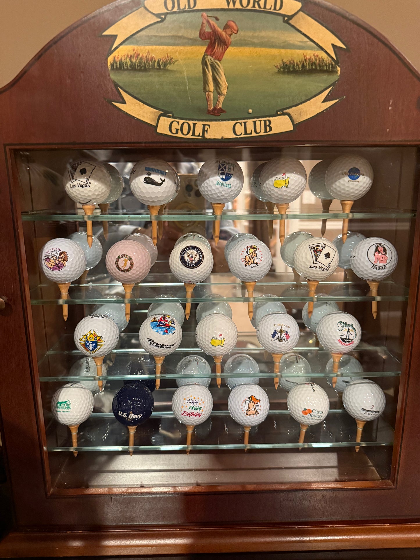 Wooden Old World Golf Club Display Case Cabinet With 22 Open Golf Balls And Pins