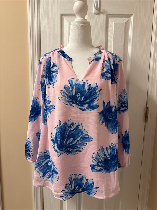 Gibson Look Ruffle Neck Pleated Top Blush Blue XL