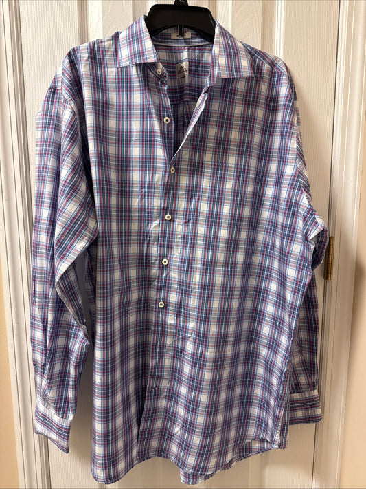 Peter Millar Shirt Mens XL Blue, Red Plaid Cotton Preppy Button Up Long Sleeve