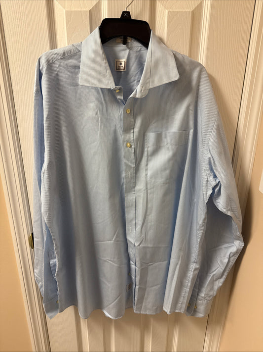 Peter Millar Men  XL Long Dress Shirt White Blue Pin Striped 100% Linen