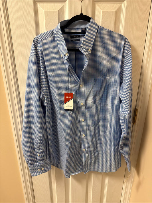 Izod Shirt Mens Size Medium Blue Checkered Gingham Long Sleeve Stretch