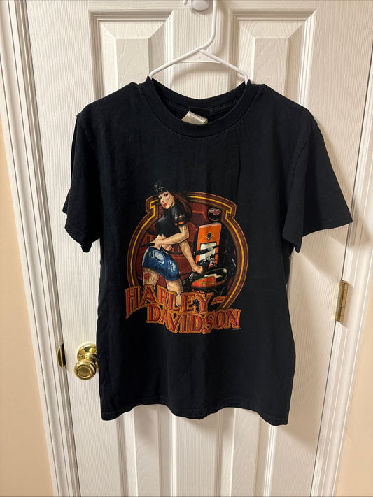 VTG-Harley Davidson Women Cycle Graphic Double Sided T Shirt M Marion, Illinois