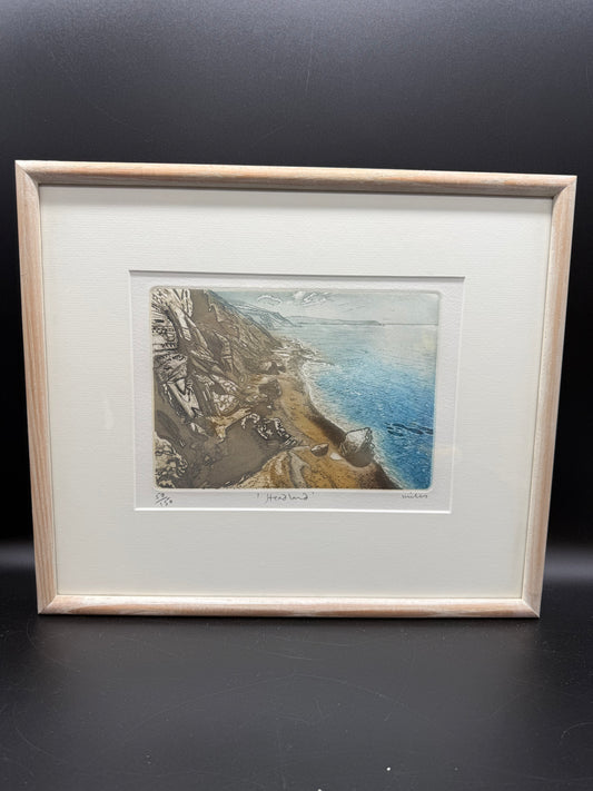 A limited edition etching titled "Head Land" by Gordon Miles. #59 of #150 made