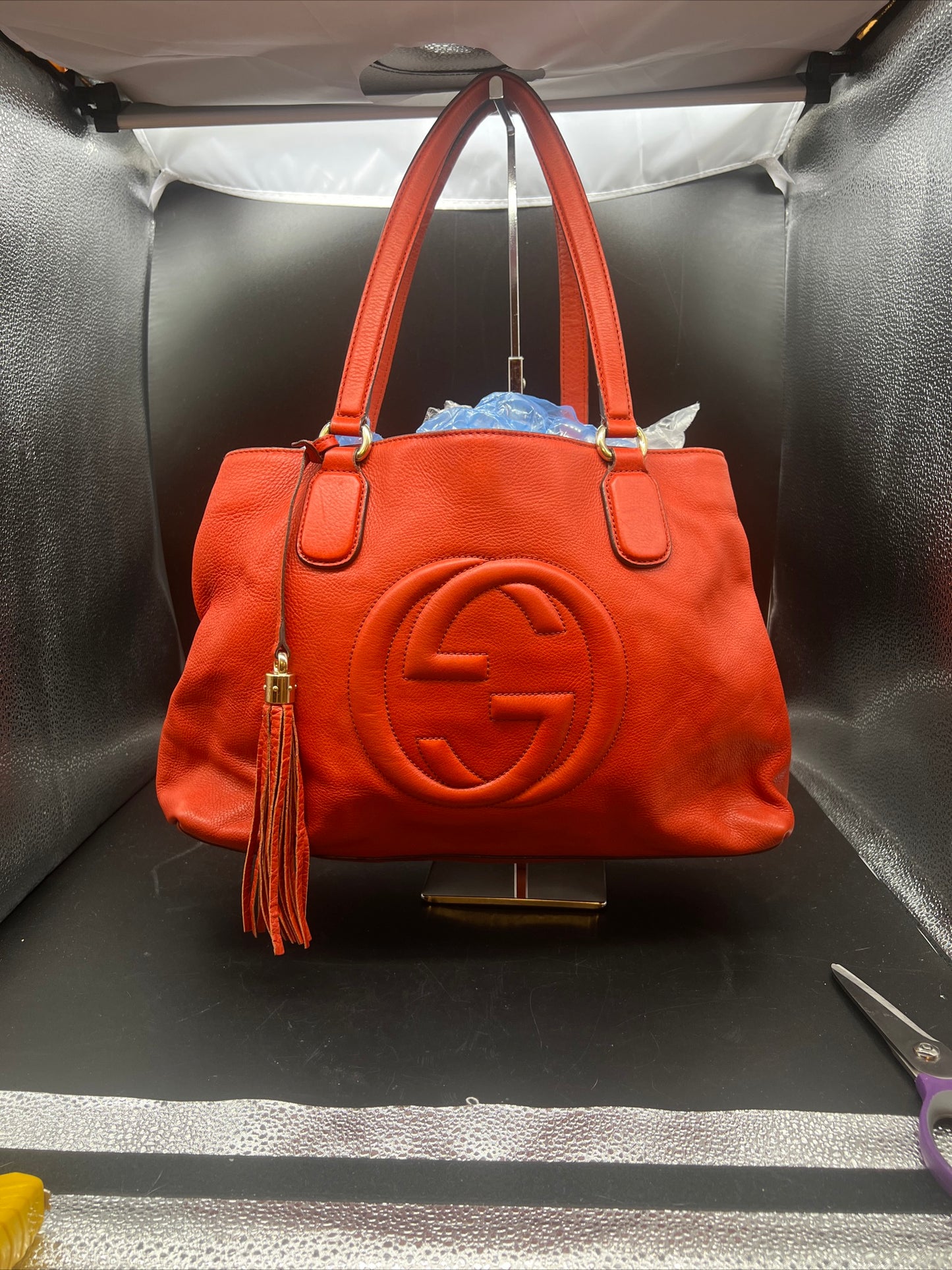 Gucci Soho Tote Shoulder Bag Calf-Skin Leather Red